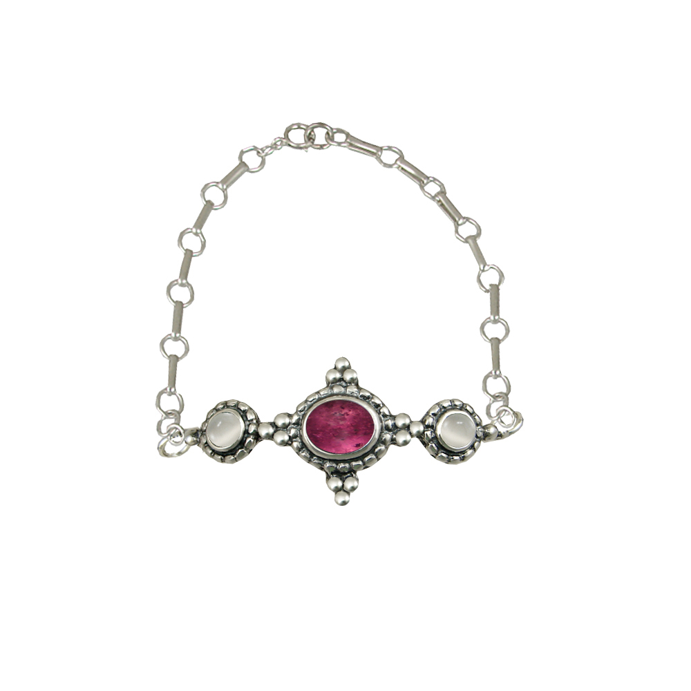 Sterling Silver Gemstone Adjustable Chain Bracelet With Pink Tourmaline And White Moonstone